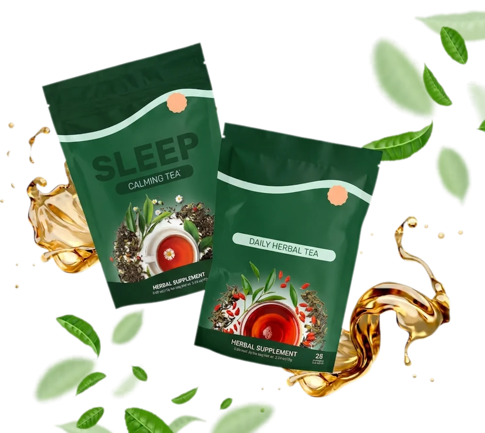Sipeva Daily Tea and Sleep Tea pouches with tea leaves